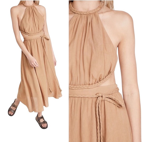 ALICE + OLIVIA - Faith Braided Midi Elegant Halter Dress in Tan Sz L - Picture 2 of 8